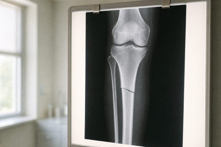Röntgenbild von Knie und Unterschenkel an einem Leuchtkasten, mit einem Bruch des Schienbeins knapp unter dem Knie