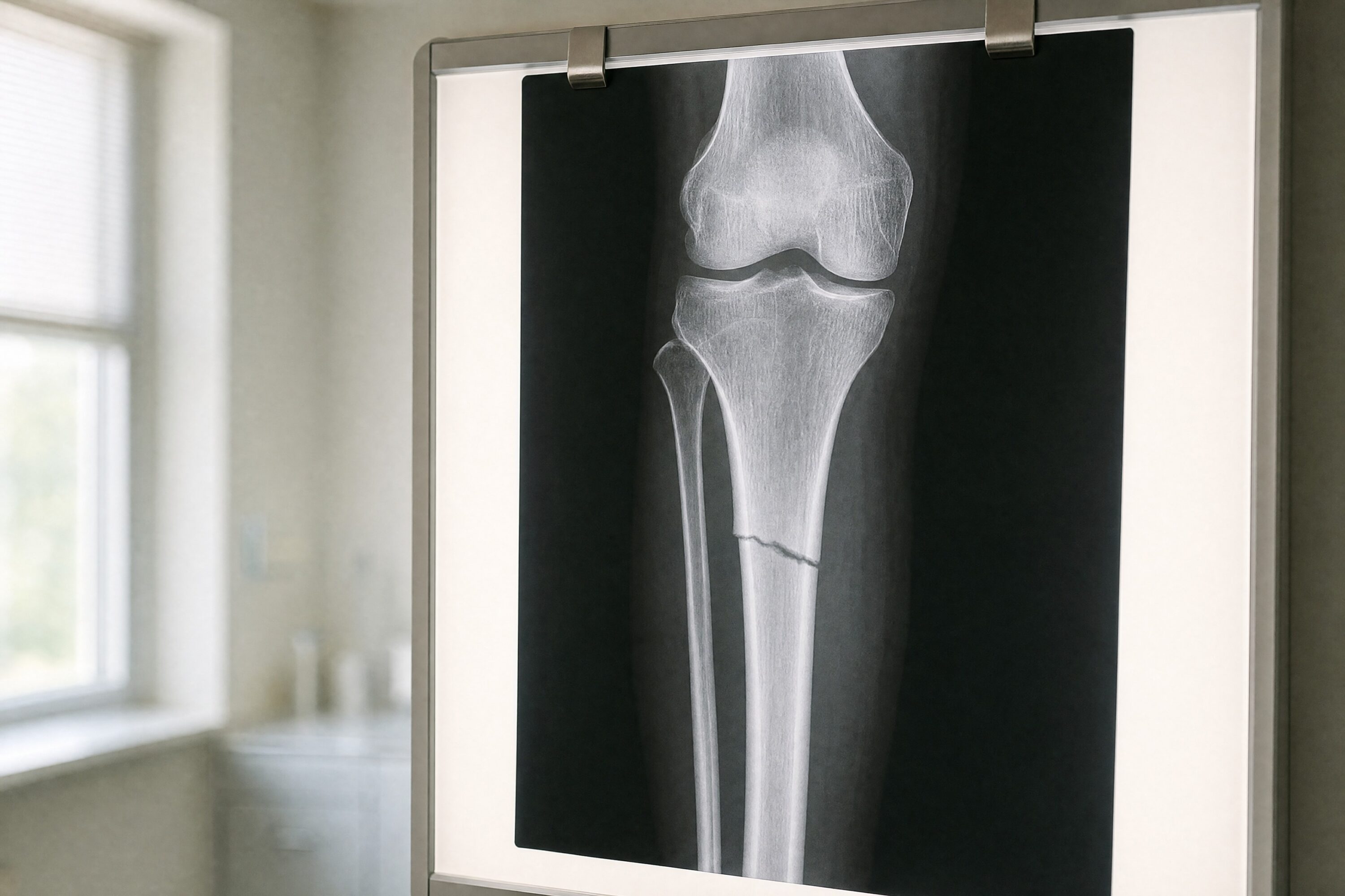 Röntgenbild von Knie und Unterschenkel an einem Leuchtkasten, mit einem Bruch des Schienbeins knapp unter dem Knie